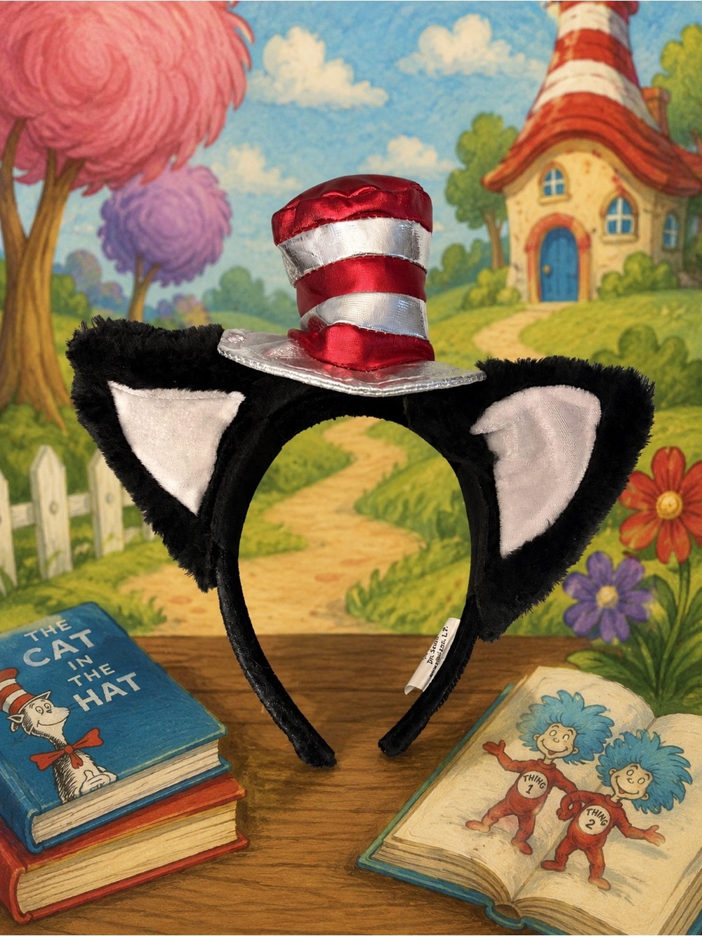 Cat in the Hat Ear Headband with Red & Silver Mini Top Hat